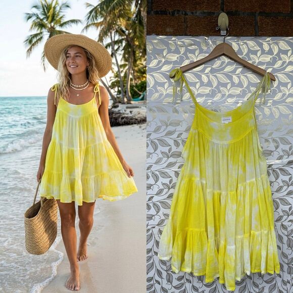 Honorine Dresses & Skirts - HONORINE Yellow Tie Dye Gauze Tiered Mini Dress XS Sun Dress Beach Bikini Cover